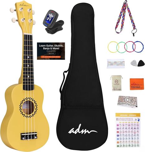 ADM Soprano Ukulele Set for Kids and Beginners, Ukulele Starter Kit with Bag, Clip-On Tuner, Rainbow Strings, Colourful Strap, Plectrum, Fingerboard Sticker, Chord Card,Black in Saudi Arabia