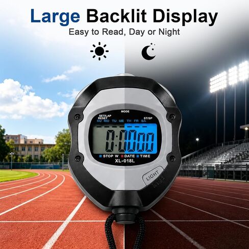 Digital Stopwatch Timer for Sports - Large Backlit Display, Single Lap/Split, 12/24H Clock, Calendar, Alarm & Hourly Chime for Coaches, Track and Field Training, Running, Soccer, Workout in Kuwait
