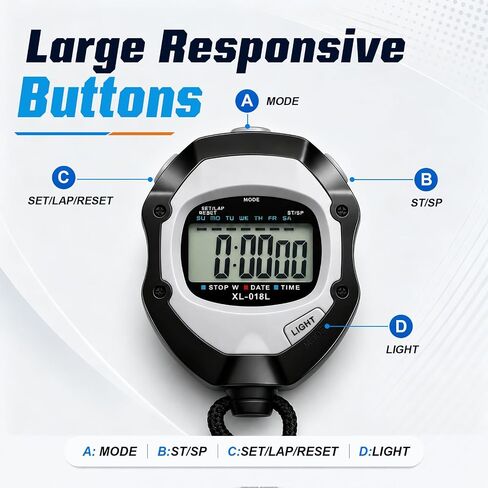 Digital Stopwatch Timer for Sports - Large Backlit Display, Single Lap/Split, 12/24H Clock, Calendar, Alarm & Hourly Chime for Coaches, Track and Field Training, Running, Soccer, Workout in Kuwait