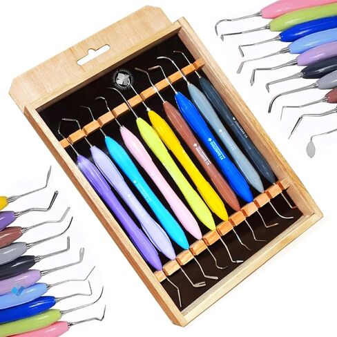 10-Piece Dental Composite Tool Set – Professional Tooth Restoration Instruments with Ergonomic Non-Slip Silicone Handles – Wooden Storage Box for Organized Storage in Kuwait