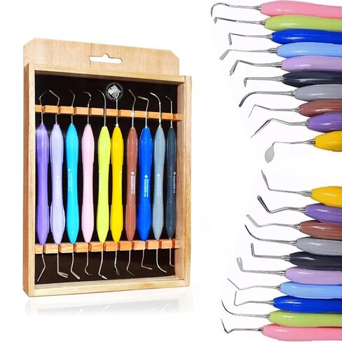 10-Piece Dental Composite Tool Set – Professional Tooth Restoration Instruments with Ergonomic Non-Slip Silicone Handles – Wooden Storage Box for Organized Storage in Kuwait