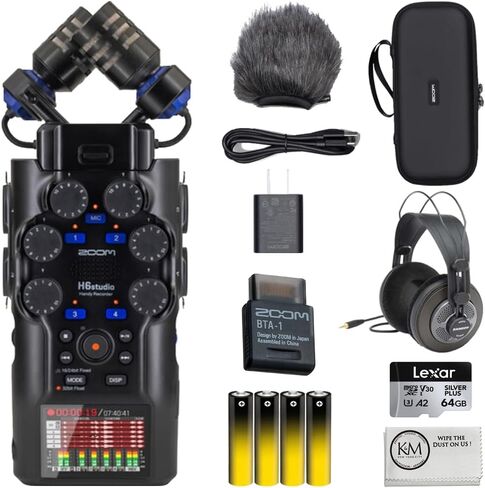 جهاز تسجيل Zoom H6studio سهل الاستخدام ذو 6 مسارات مع حزمة تسجيل عائمة 32 بت مع حزمة ملحقات APH-6s + محول بلوتوث BTA-1 + سماعات رأس + بطاقة ذاكرة 64 جيجابايت + 4 بطاريات AA + قطعة قماش (6 قطع) in Kuwait