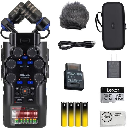 جهاز تسجيل Zoom H6studio سهل الاستخدام ذو 6 مسارات مع حزمة تسجيل عائمة 32 بت مع حزمة ملحقات APH-6s + محول بلوتوث BTA-1 + بطاقة ذاكرة 64 جيجابايت + 4 بطاريات AA + قطعة قماش (6 قطع) in Kuwait