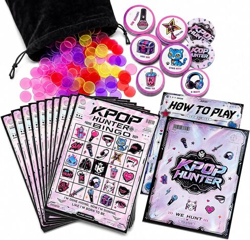 مجموعة ألعاب Y2K Bingo القابلة لإعادة الاستخدام من KPOP HUNTER - ألعاب لوحية جمالية للحفلات Cyberpunk مع 24 بطاقة و400 شريحة ملونة و24 عملة معدنية PVC وحقيبة مخملية للمراهقين والبالغين، 2-24 لاعبًا (باستيل ثلاثية الأبعاد) in Kuwait