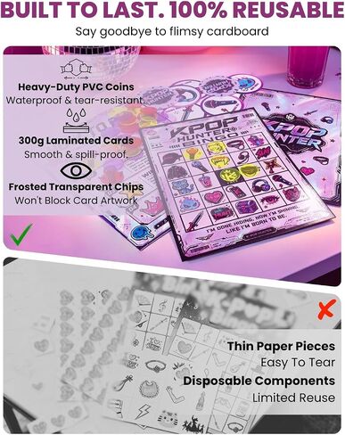 مجموعة ألعاب Y2K Bingo القابلة لإعادة الاستخدام من KPOP HUNTER - ألعاب لوحية جمالية للحفلات Cyberpunk مع 24 بطاقة و400 شريحة ملونة و24 عملة معدنية PVC وحقيبة مخملية للمراهقين والبالغين، 2-24 لاعبًا (باستيل ثلاثية الأبعاد) in Kuwait