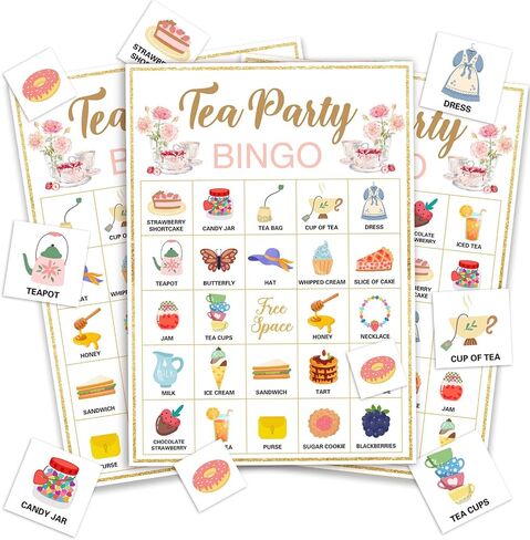Tea Party Bingo, 24 Players Bingo Game Set for Girls Adults, Tea Party Bingo Games for Bridal Shower, Bachelorette, Wedding, Engagement Party, Tea Party Decorations in Kuwait