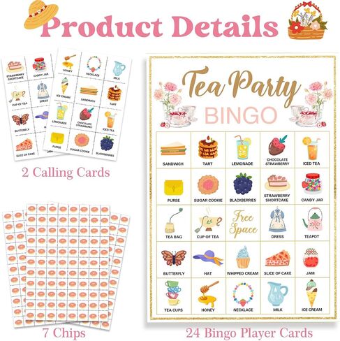 Tea Party Bingo, 24 Players Bingo Game Set for Girls Adults, Tea Party Bingo Games for Bridal Shower, Bachelorette, Wedding, Engagement Party, Tea Party Decorations in Kuwait