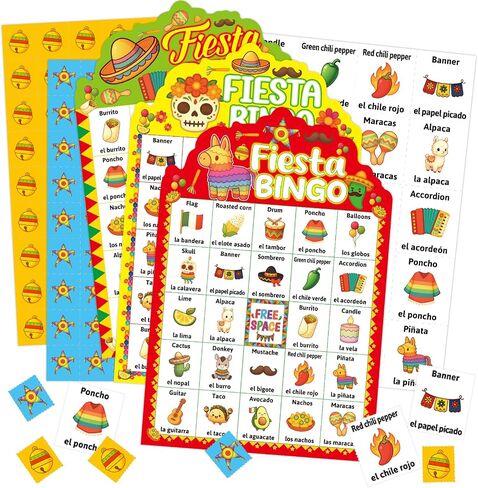 Fancy Land Fiesta Bingo Game Bilingual Mexican Cinco de Mayo Party Bingo Cards for Family Celebration Classroom Activities 24 Players in Kuwait