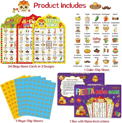 Fancy Land Fiesta Bingo Game Bilingual Mexican Cinco de Mayo Party Bingo Cards for Family Celebration Classroom Activities 24 Players in Kuwait
