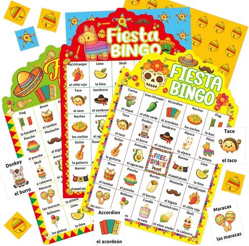 Fancy Land Fiesta Bingo Game Bilingual Mexican Cinco de Mayo Party Bingo Cards for Family Celebration Classroom Activities 24 Players in Kuwait