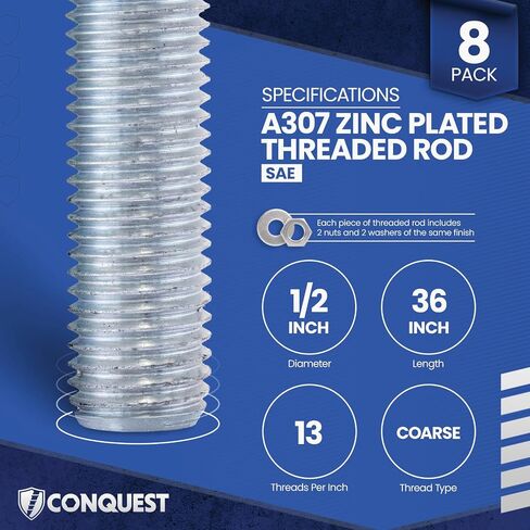 Conquest A307 قضيب ملولب مطلي بالزنك 1/2 بوصة - 13 × 36 بوصة (8 عبوات) - قضبان ملولبة خشنة - تم تصنيعها وفقًا لمعايير ASTM A307 in Kuwait