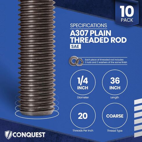 Conquest A307 قضيب ملولب غير مكتمل 1/4 بوصة - 20 × 36 بوصة (10 عبوات) - قضبان جميع الخيوط الخشنة - معيار ASTM A307 الصف A in Kuwait
