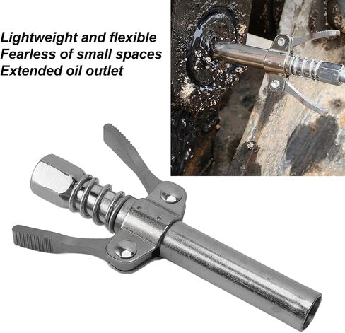 Double Handle High Pressure Grease Gun Nozzle – Lock Clamp Type Grease Nozzle for Industrial Greasing, Compatible with Standard Grease Guns, Silver Finish in Kuwait