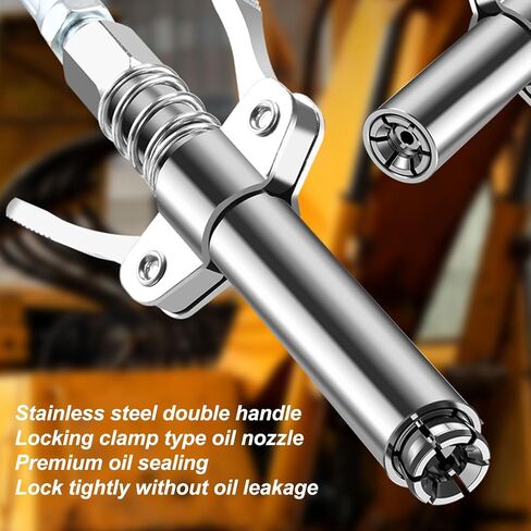 Double Handle High Pressure Grease Gun Nozzle – Lock Clamp Type Grease Nozzle for Industrial Greasing, Compatible with Standard Grease Guns, Silver Finish in Kuwait