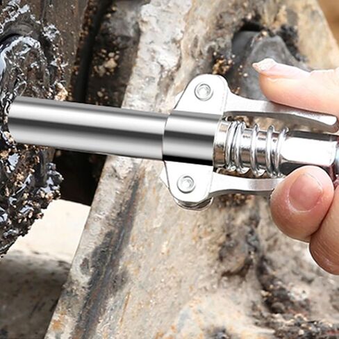 Double Handle High Pressure Grease Gun Nozzle – Lock Clamp Type Grease Nozzle for Industrial Greasing, Compatible with Standard Grease Guns, Silver Finish in Kuwait
