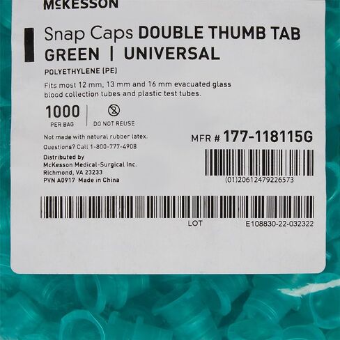 قبعات McKesson Snap، أغطية من البولي إيثيلين لإغلاق الأنبوب - تناسب معظم الأنابيب مقاس 12 مم، و13 مم، و16 مم - أخضر، 1000 لكل حقيبة، 1000 قطعة in Kuwait
