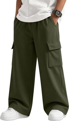 Boy's Cargo Sweatpants Baggy Wide Leg Pants Elastic Waist Open Bottom Joggers Casual Trousers with Pockets in Kuwait
