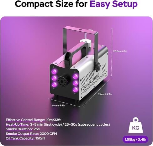 آلة ضباب صغيرة 500 وات، آلة دخان ضباب مع 6 مصابيح LED RGB ووضع تلقائي، جهاز تحكم عن بعد سلكي ولاسلكي للحفلات، الزفاف، دي جي، داخلي، خارجي، مسرح، عيد الهالوين | ماكينة ضباب صغيرة محمولة in Kuwait