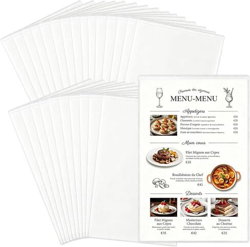 25 قطعة من أغطية القائمة الشفافة مزدوجة الجوانب من Klmnop، أكمام قائمة المطاعم المصنوعة من الفينيل الشفاف مقاس 8.5 بوصة × 14 بوصة، تحميل علوي، حماية قابلة لإعادة الاستخدام للقوائم، مثالية للحانات والمقاهي (شفاف) in Kuwait
