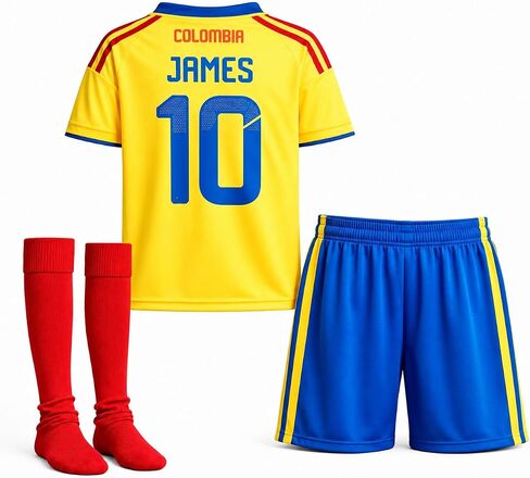 طقم زي كرة قدم للأطفال من James 10# مع جوارب - ألوان مستوحاة من كولومبيا - طقم جيرسي وسروال قصير لكرة القدم للأولاد والبنات in Kuwait