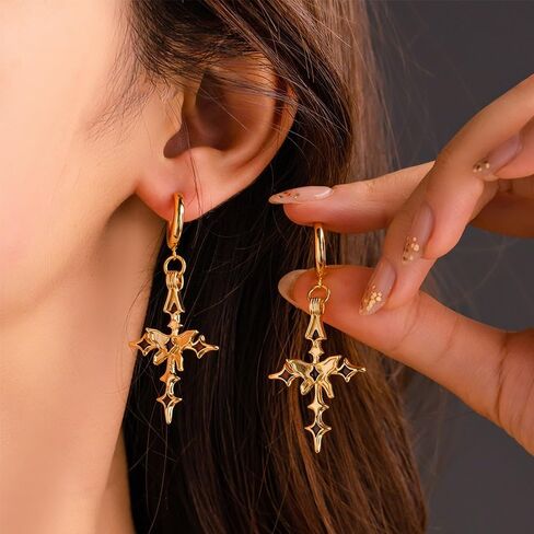 Cross Hoop Dangle Earrings 18K Gold-tone Plated Cubic Zirconia Earrings Lightweight Cross Dangle Drop Earrings for Men Women Hypoallergenic(EA002-B) in Saudi Arabia