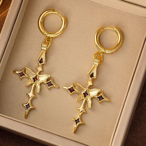 Cross Hoop Dangle Earrings 18K Gold-tone Plated Cubic Zirconia Earrings Lightweight Cross Dangle Drop Earrings for Men Women Hypoallergenic(EA002-B) in Saudi Arabia