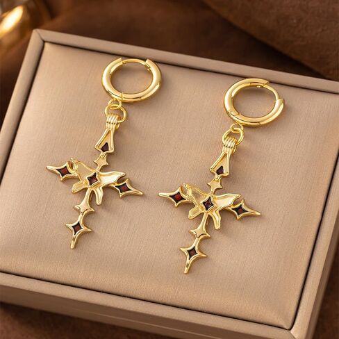 Cross Hoop Dangle Earrings 18K Gold-tone Plated Cubic Zirconia Earrings Lightweight Cross Dangle Drop Earrings for Men Women Hypoallergenic(EA002-B) in Saudi Arabia
