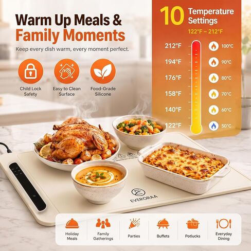 Extra Large Food Warming Mat, 36 x 15 Inch Foldable Heated Warming Tray with 10 Temp Settings 122-212F, 5 Preset Modes, 10H Timer, Child Lock, Heat Insulation Pad - Food Warmer for Party, Kitchen in Kuwait