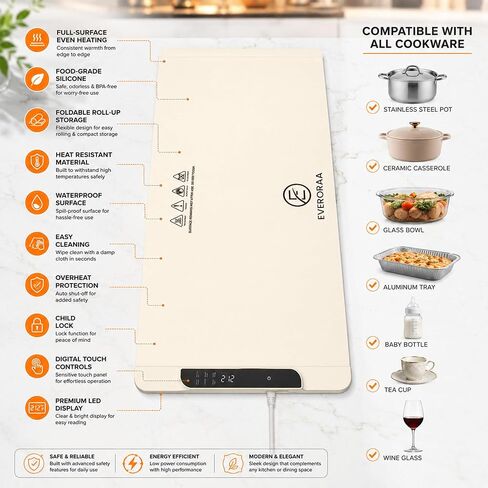 Extra Large Food Warming Mat, 36 x 15 Inch Foldable Heated Warming Tray with 10 Temp Settings 122-212F, 5 Preset Modes, 10H Timer, Child Lock, Heat Insulation Pad - Food Warmer for Party, Kitchen in Kuwait