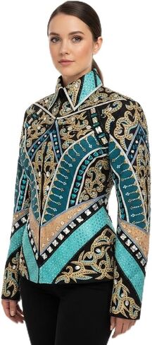 Women's Western Horse Show Jacket Black with Turquoise Embroidery Crystal Rhinestones Equestrian Riding Competition Coat in Saudi Arabia