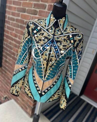 Women's Western Horse Show Jacket Black with Turquoise Embroidery Crystal Rhinestones Equestrian Riding Competition Coat in Saudi Arabia