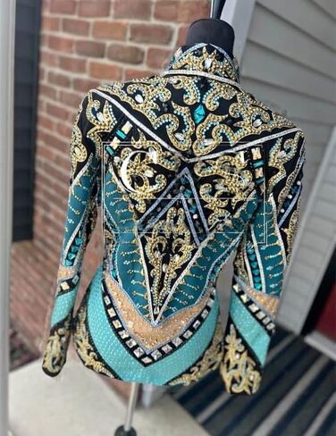 Women's Western Horse Show Jacket Black with Turquoise Embroidery Crystal Rhinestones Equestrian Riding Competition Coat in Saudi Arabia