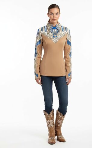 Women's Rhinestone Western Show Shirt Tan Blue Gold Fitted Equestrian Tournament Jackets, Tournament Jackets in Kuwait