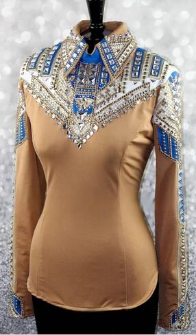 Women's Rhinestone Western Show Shirt Tan Blue Gold Fitted Equestrian Tournament Jackets, Tournament Jackets in Kuwait