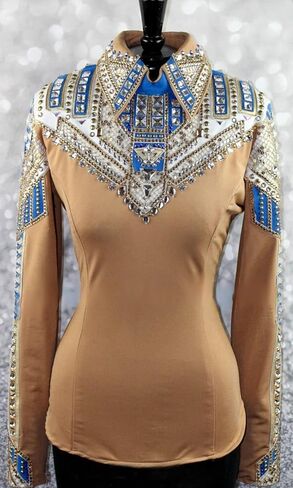 Women's Rhinestone Western Show Shirt Tan Blue Gold Fitted Equestrian Tournament Jackets, Tournament Jackets in Kuwait