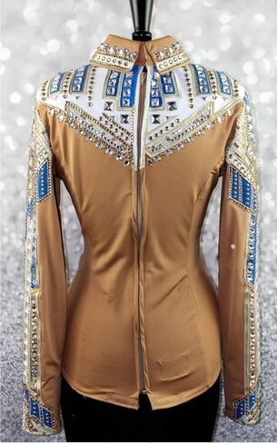 Women's Rhinestone Western Show Shirt Tan Blue Gold Fitted Equestrian Tournament Jackets, Tournament Jackets in Kuwait