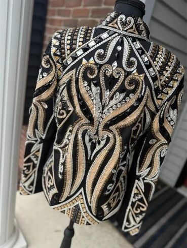 Black and Golden Women's Western Studded Detailing Jacket Rhinestone Equestrian Horse Riding Competition Coat in Kuwait