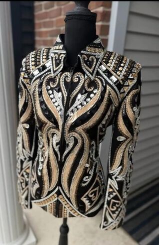 Black and Golden Women's Western Studded Detailing Jacket Rhinestone Equestrian Horse Riding Competition Coat in Kuwait