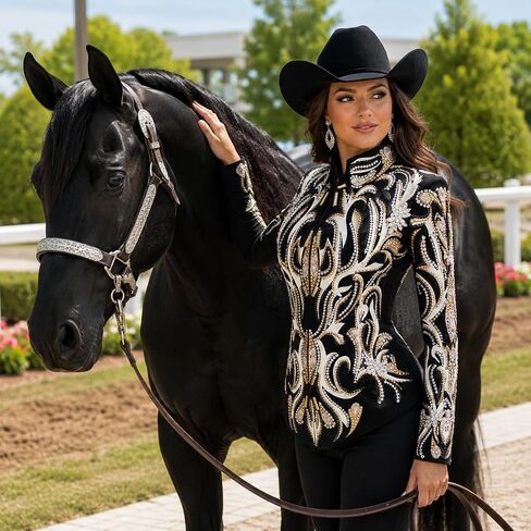 Showmanship Jacket Black White Gold Crystal Western Horse Show Competition Jacket in Kuwait