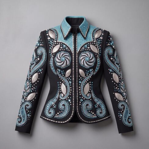 Showmanship Jacket Black Aqua Crystal Rhinestone Western Horse Show Competition Jacket in Kuwait