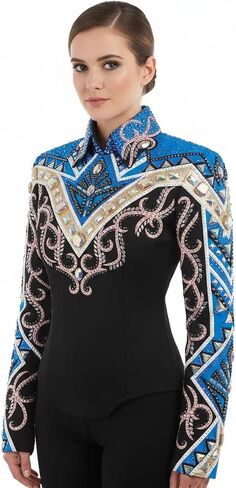 Black, Turquoise Blue & Rose Gold Crystal Embellished Western Show Jacket for Women | Handmade Rhinestone Equestrian Horse in Kuwait