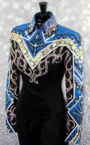 Black, Turquoise Blue & Rose Gold Crystal Embellished Western Show Jacket for Women | Handmade Rhinestone Equestrian Horse in Kuwait