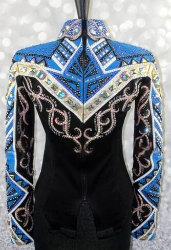 Black, Turquoise Blue & Rose Gold Crystal Embellished Western Show Jacket for Women | Handmade Rhinestone Equestrian Horse in Kuwait