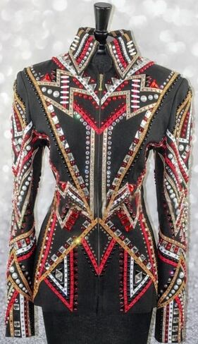 Women's Western Horse Show Jacket Black Red Gold Silver Crystal Rhinestone Equestrian Riding Competition Show Coat in Kuwait