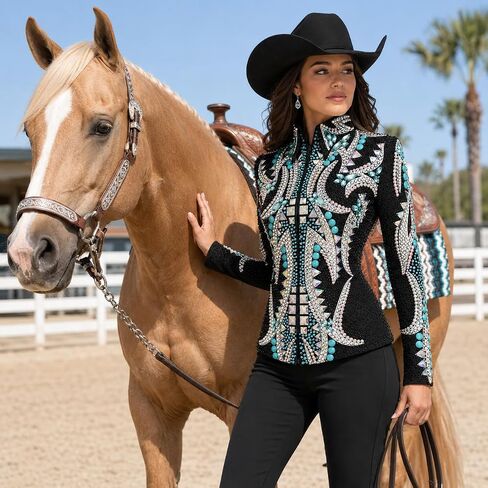 سترة Showmanship باللون الأسود الفيروزي والكريستال وحجر الراين وسترة عرض الخيول الغربية للمنافسة in Kuwait