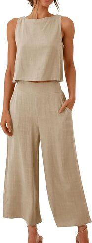 Trendy Summer Outfits for Women 2025 Gauze Tank Crop Top Wide Leg Pants 2 Piece Lounge Set Resort Wear with Pockets in Kuwait