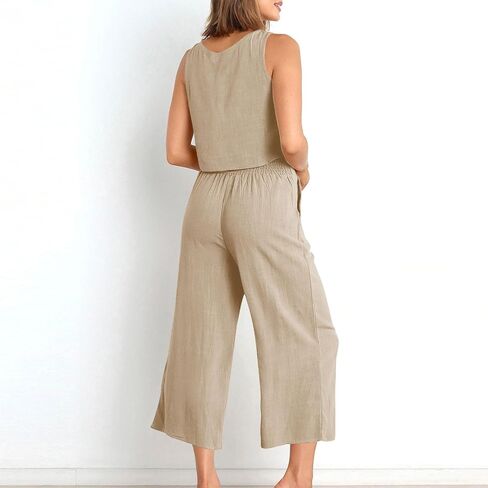 Trendy Summer Outfits for Women 2025 Gauze Tank Crop Top Wide Leg Pants 2 Piece Lounge Set Resort Wear with Pockets in Kuwait