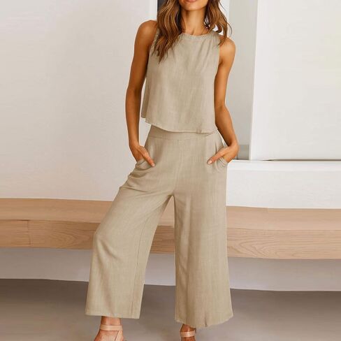 Trendy Summer Outfits for Women 2025 Gauze Tank Crop Top Wide Leg Pants 2 Piece Lounge Set Resort Wear with Pockets in Kuwait