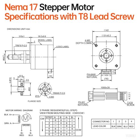 5Pcs Nema 17 Stepper Motor TR8x8 310mm T8 Lead Screw 42x40mm 0.44Nm | 42 Step Motor 62.31oz·in 1.8°‌ 1.7A 1.7Ω Bipolar 2 Phase High Torque 4-Wire Cable 1M for 38D Printer DIY Robot CNC Machine in Kuwait