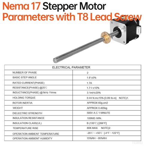 5Pcs Nema 17 Stepper Motor TR8x8 310mm T8 Lead Screw 42x40mm 0.44Nm | 42 Step Motor 62.31oz·in 1.8°‌ 1.7A 1.7Ω Bipolar 2 Phase High Torque 4-Wire Cable 1M for 38D Printer DIY Robot CNC Machine in Kuwait
